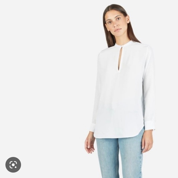 Everlane Silk Split Neck Shirt White/Gray Size 4 - Picture 1 of 8